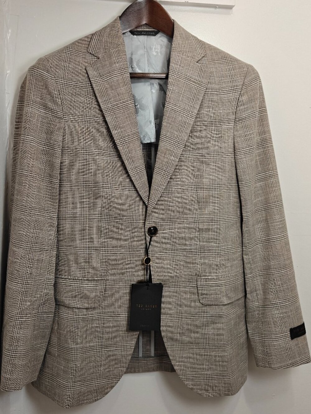 NWT Ted Baker London Sport Coat - Light Beige Glen Check - Linen/Wool Blend 36S